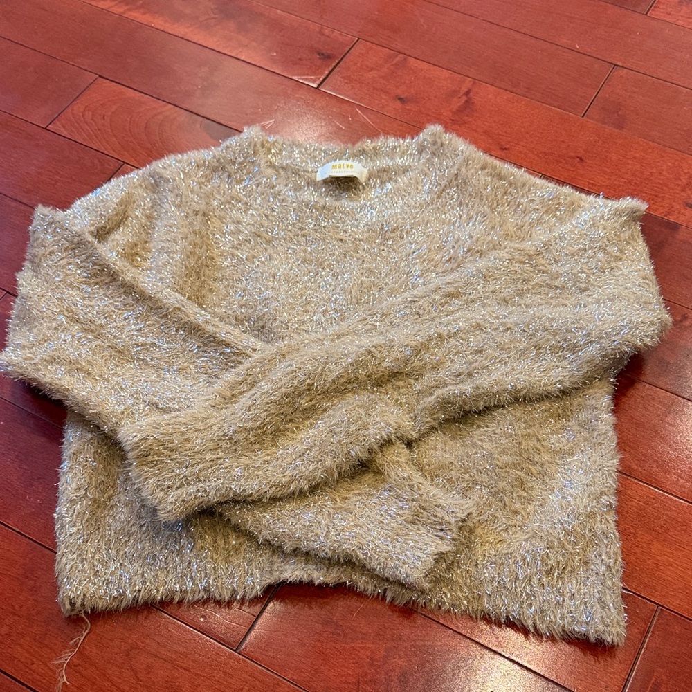 Maeve Anthropologie Fuzzy Tan/Silver Sparkle Crew Neck Sweater, Size ZXS